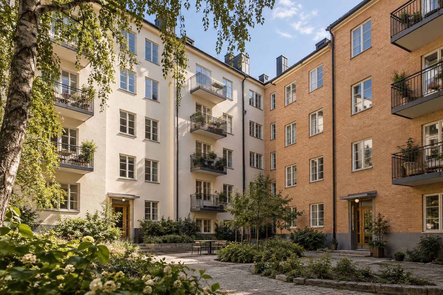 Illustration av ett flerbostadshus med balkonger och grönskande gård